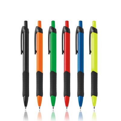 Seis canetas coloridas com punhos pretos em fila