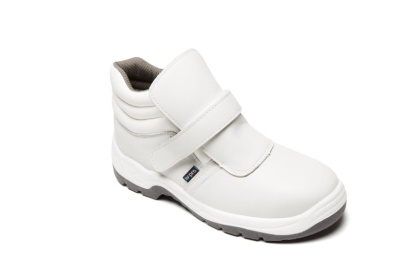 Bota de segurança branca com sola cinza e fecho de velcro