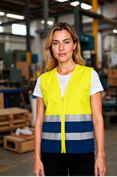 Colete de segurança amarelo fluorescente com faixas refletoras e azuis em ambiente industrial