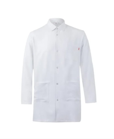 Casaco branco profissional com botoeira e bolsos frontais