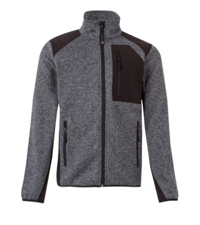 Casaco cinzento e preto com fechos à frente e nos bolsos