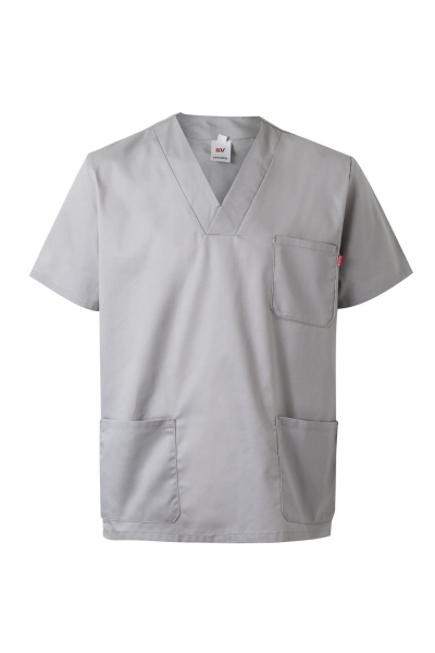 Blusa médica cinzenta com bolsos e gola em V.