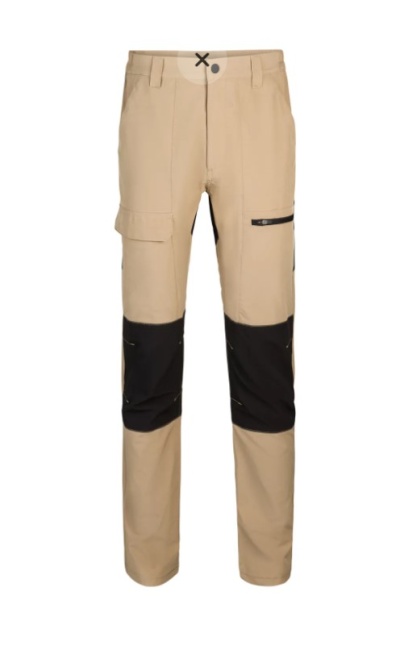 Calças bege com reforço preto nos joelhos e bolso com fecho na coxa direita