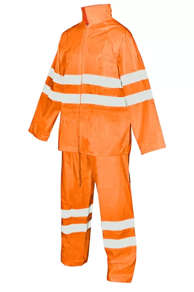 Conjunto de roupa de alta visibilidade laranja com faixas reflexivas brancas.
