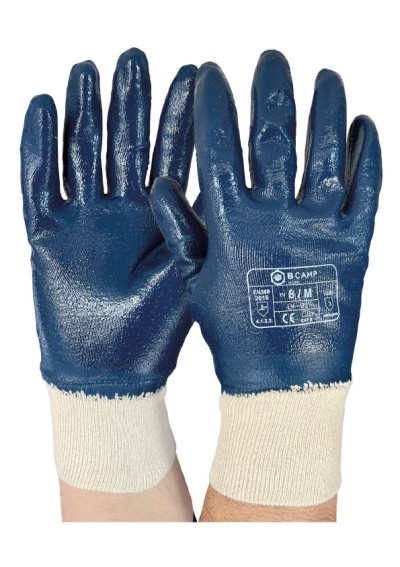 luvas de trabalho azuis com punhos de malha bege e texto B CAMP 8/M