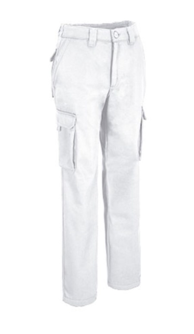 Calças cargo brancas com bolsos laterais e fecho de botão