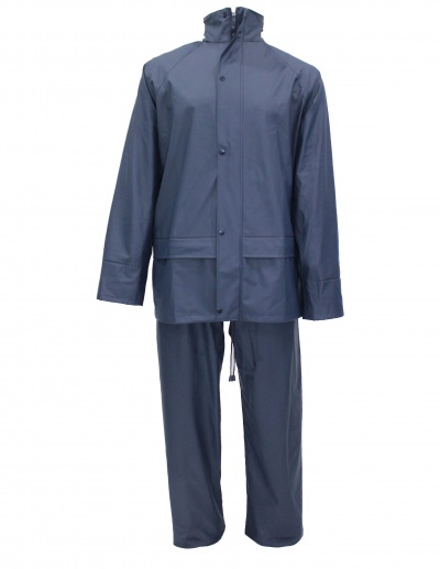 Conjunto impermeável azul escuro com casaco e calças