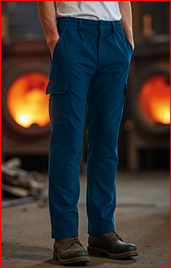 Calças azuis de tecido resistente com bolso lateral em ambiente industrial.