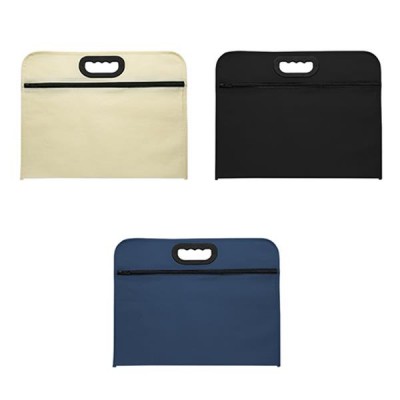 Três malas laptop tipo pasta creme, preto e azul com fecho zip e pega preta