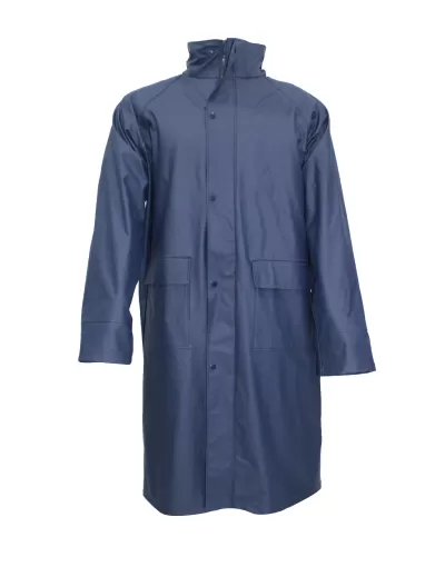 Casaco impermeável azul escuro com gola alta e botões frontais