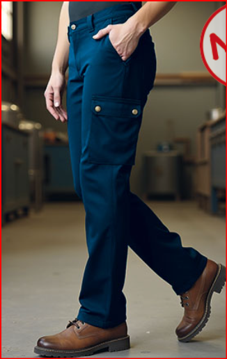 Calças de trabalho azul escuro com bolsos abotoados usadas por pessoa com sapatos castanhos em espaço industrial