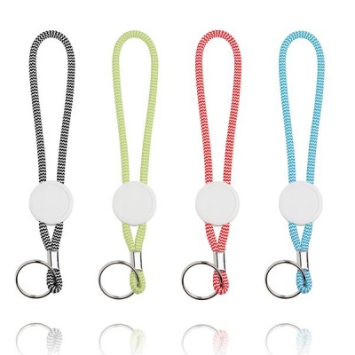 Quatro porta-chaves com cordão colorido e botão branco central