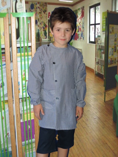 Menino com camisola xadrez azul e branco em ambiente escolar com chão de madeira.