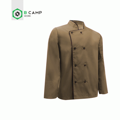 Casaco de chef castanho com botões pretos e gola alta