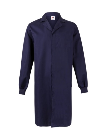 Bata azul escuro comprida com botões ocultos e gola clássica