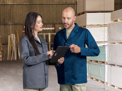 Dois adultos com casacos de trabalho em armazém, um segura prancheta preta.