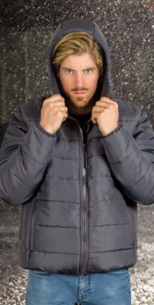 Casaco masculino cinza escuro acolchoado com capuz e fecho de correr