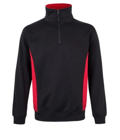 Sweatshirt preta com painéis vermelhos laterais e fecho meia-zíper na gola