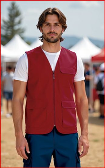 Homem com colete vermelho e t-shirt branca numa feira ao ar livre