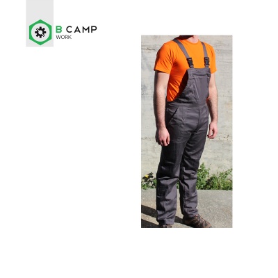 Macacão de trabalho cinzento com alças pretas, t-shirt laranja, homem, logo B CAMP WORK