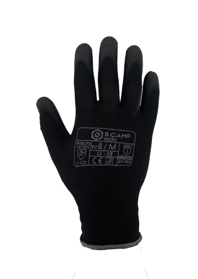 Luva preta de tecido com etiqueta impressa na palma