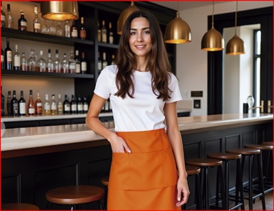 Mulher com t-shirt branca e avental laranja a sorrir num bar moderno com garrafas ao fundo