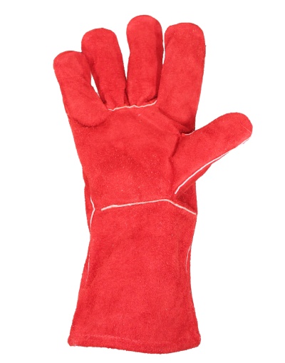 Luva de proteção vermelha em camurça com costuras brancas