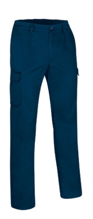 Calças de trabalho azuis com bolso lateral e fecho de botão