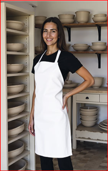 Mulher com avental branco em loja de cerâmica com tigelas e pratos de barro bege