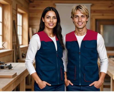 Colete azul escuro com detalhes vermelhos em oficina de madeira