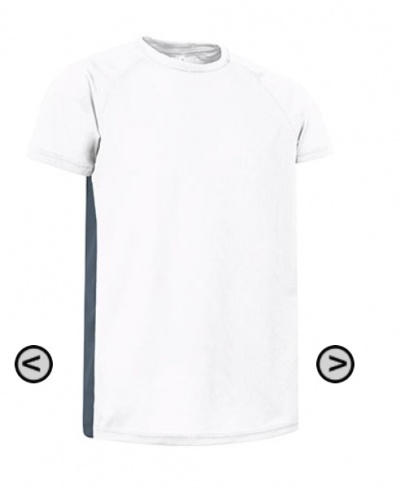 T-shirt desportiva branca com painéis cinzentos escuros laterais