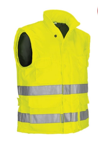 Colete de segurança amarelo com faixas refletoras e vários bolsos