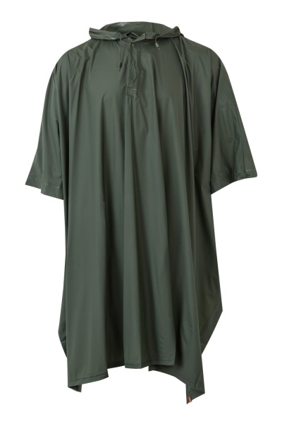 Poncho impermeável verde militar com capuz em fundo branco