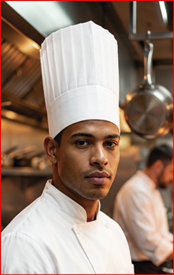 Chef de cozinha com uniforme branco e chapéu alto branco em cozinha profissional