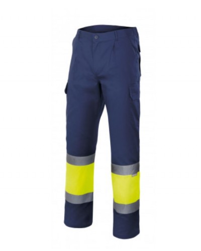Calças de trabalho azul escuro com faixas refletoras amarelas e cinzentas