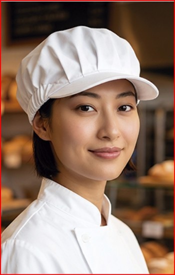 Mulher com uniforme branco de chef e chapéu branco em padaria