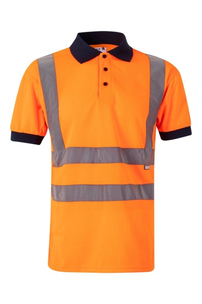 Polo laranja fluorescente de alta visibilidade com faixas refletoras cinzentas e gola preta