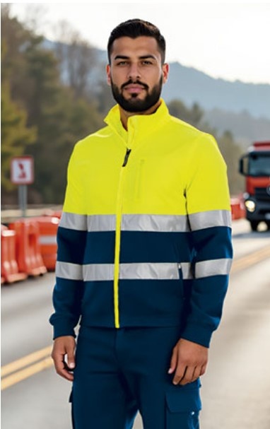 Homem com casaco de proteção amarelo fluorescente e azul escuro com bandas refletoras numa estrada