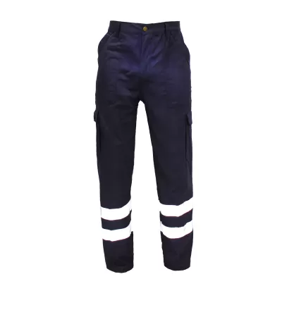 Calças de trabalho pretas com faixas refletoras brancas nas pernas