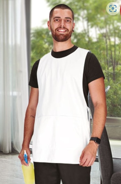 Homem com avental branco sobre t-shirt preta segurando garrafa amarela em interior com plantas