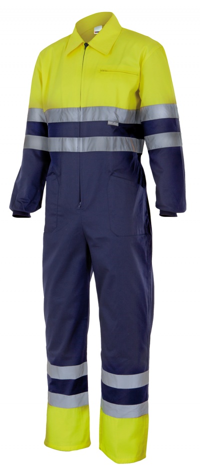 Macacão de trabalho amarelo fluorescente e azul escuro com faixas reflexivas