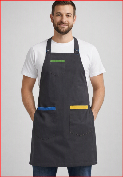 Homem a usar avental cinzento com bolsos coloridos sobre t-shirt branca