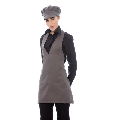 Apron or tunic grey with pockets, black shirt and pants, grey cap, white background