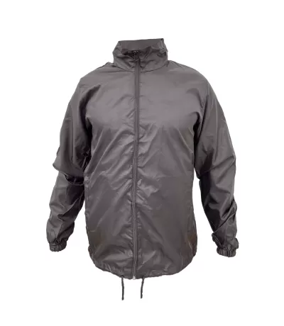 Casaco cinzento metálico com fecho frontal e gola alta