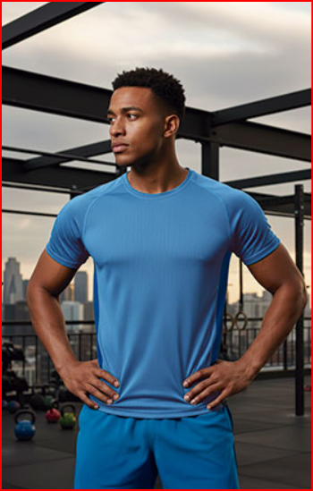 Homem em ginásio vestido de azul