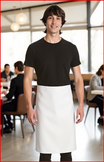 Homem com t-shirt preta e avental branco em restaurante moderno.