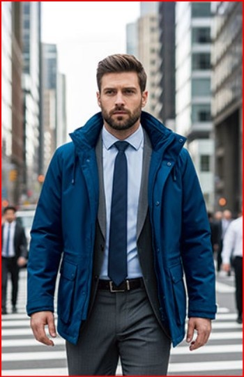 Homem com casaco azul escuro e gravata azul a caminhar na cidade