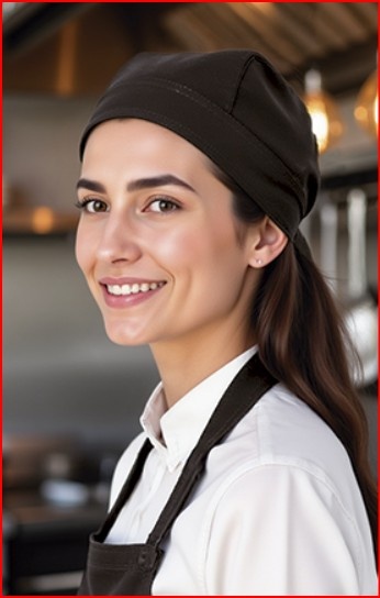 Mulher em cozinha profissional com bandana preta e avental