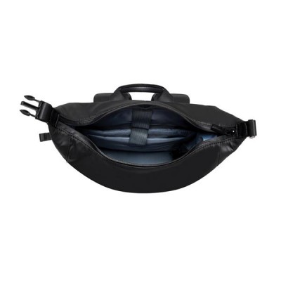 Mala tipo pochete preta aberta mostrando interior almofadado azul