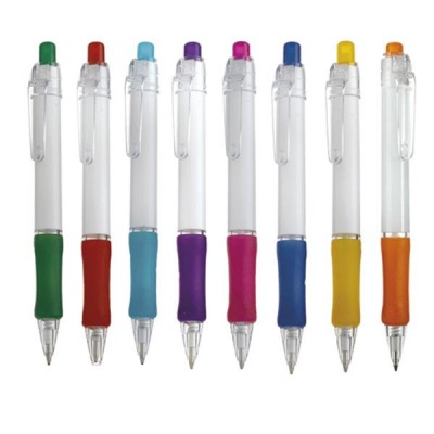 Oito canetas esferográficas transparentes com empunhaduras coloridas